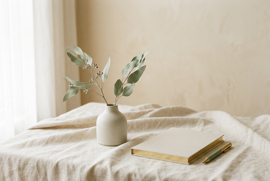 Editorial still life of a notebook, pen and foliage on cream linen.