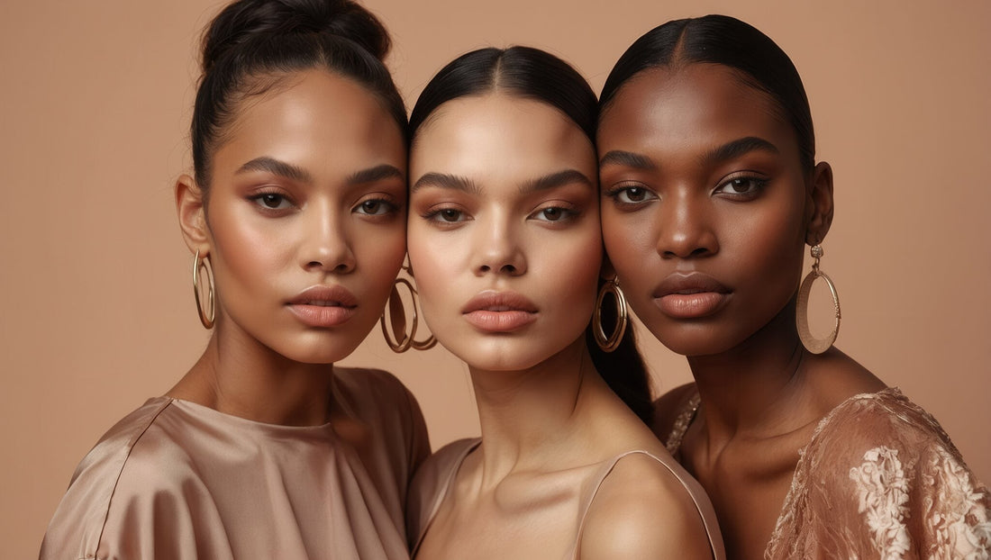 Editorial portrait of three women wearing neutral-toned clothing against a warm background.